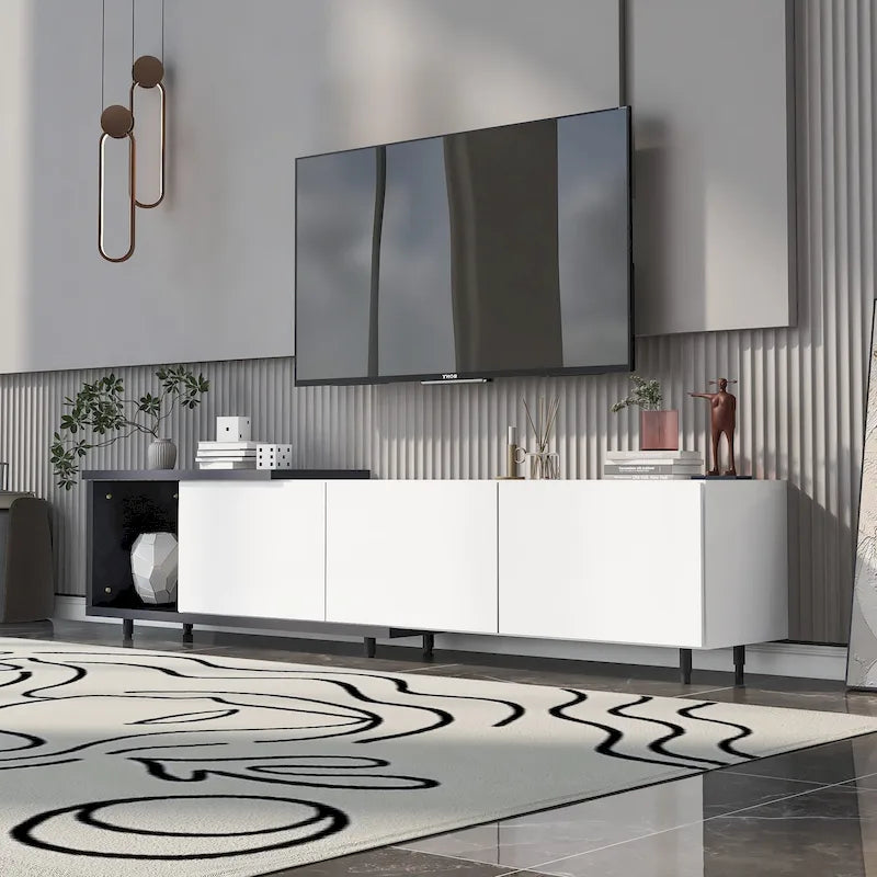 Mueble de TV blanco moderno extensible con 3 cajones y estante para televisores de hasta 80