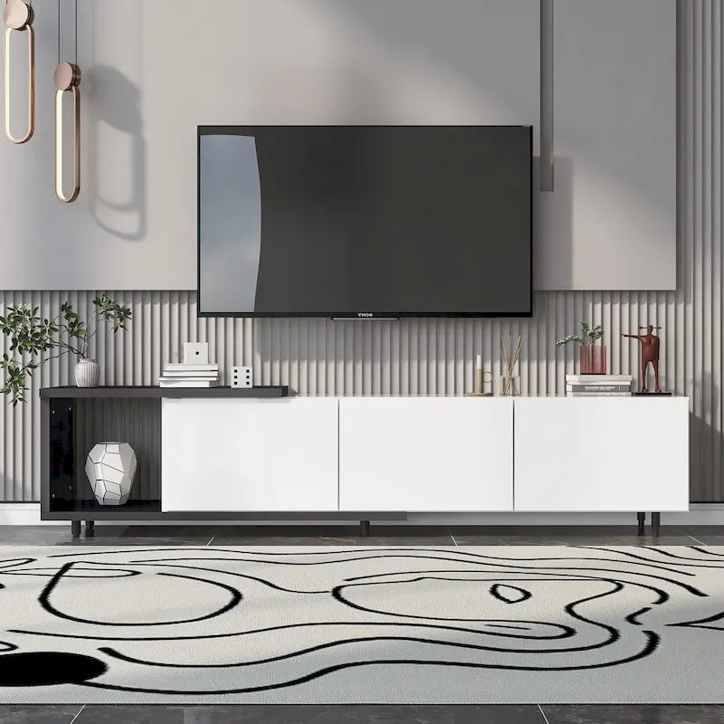Mueble de TV blanco moderno extensible con 3 cajones y estante para televisores de hasta 80