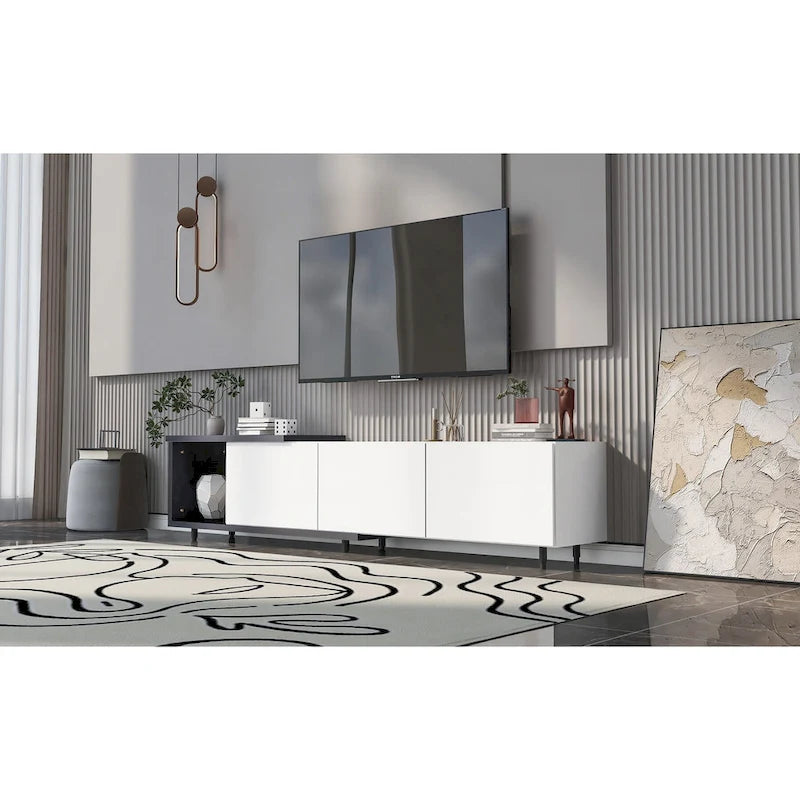 Mueble de TV blanco moderno extensible con 3 cajones y estante para televisores de hasta 80
