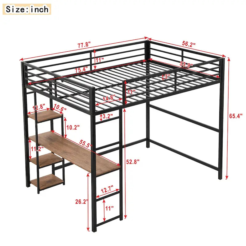 Letto rialzato matrimoniale in metallo con scrivania integrata e ripiani portaoggetti