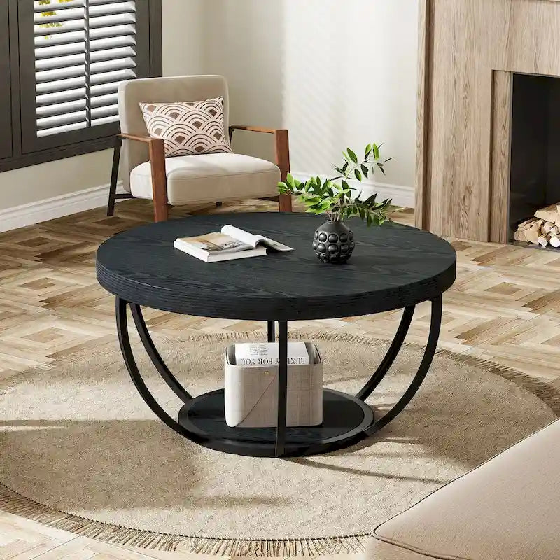 Mesa de centro de madera, mesa de cóctel central redonda de 2 niveles con estantes