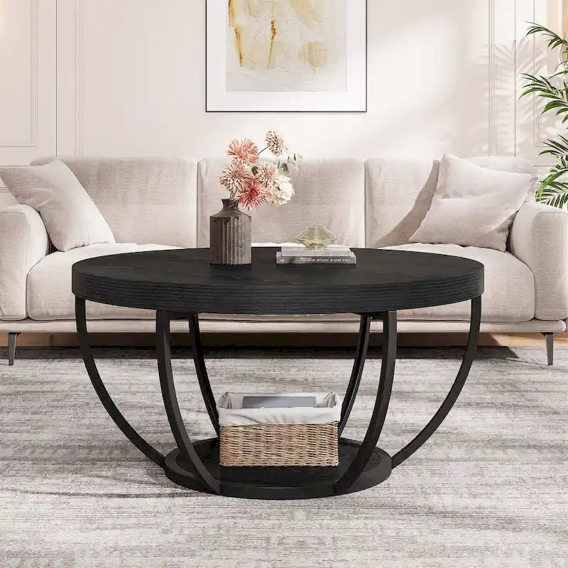 Mesa de centro de madera, mesa de cóctel central redonda de 2 niveles con estantes
