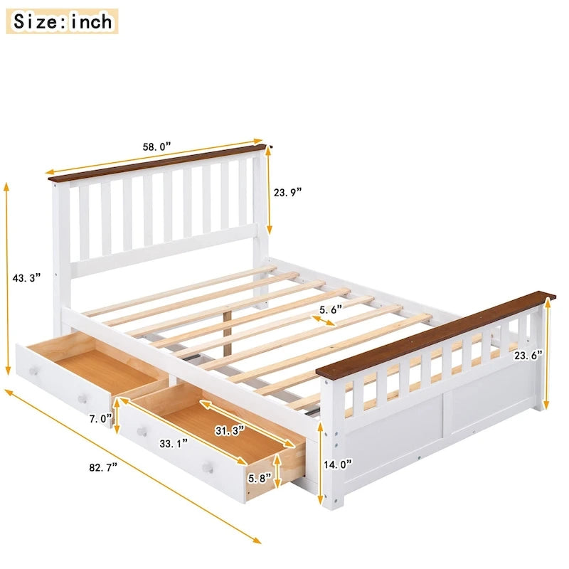 Estructura de cama de plataforma con listones de madera, cabecero y piecero con huecos verticales, cama de perfil bajo, cama con paneles y 2 cajones