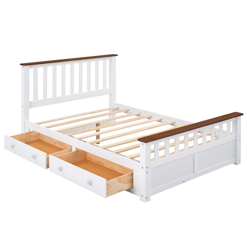 Estructura de cama de plataforma con listones de madera, cabecero y piecero con huecos verticales, cama de perfil bajo, cama con paneles y 2 cajones