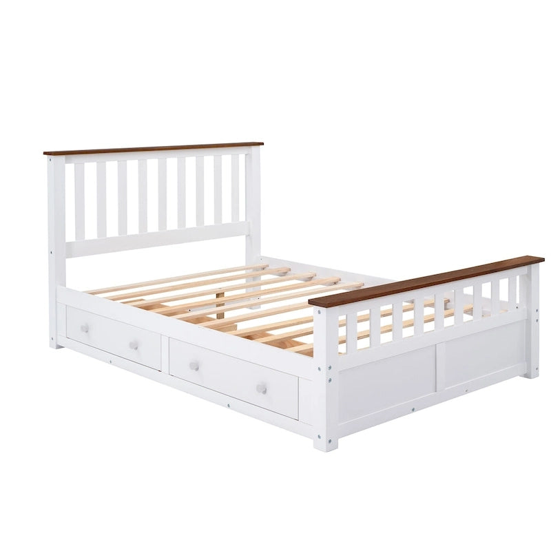Estructura de cama de plataforma con listones de madera, cabecero y piecero con huecos verticales, cama de perfil bajo, cama con paneles y 2 cajones