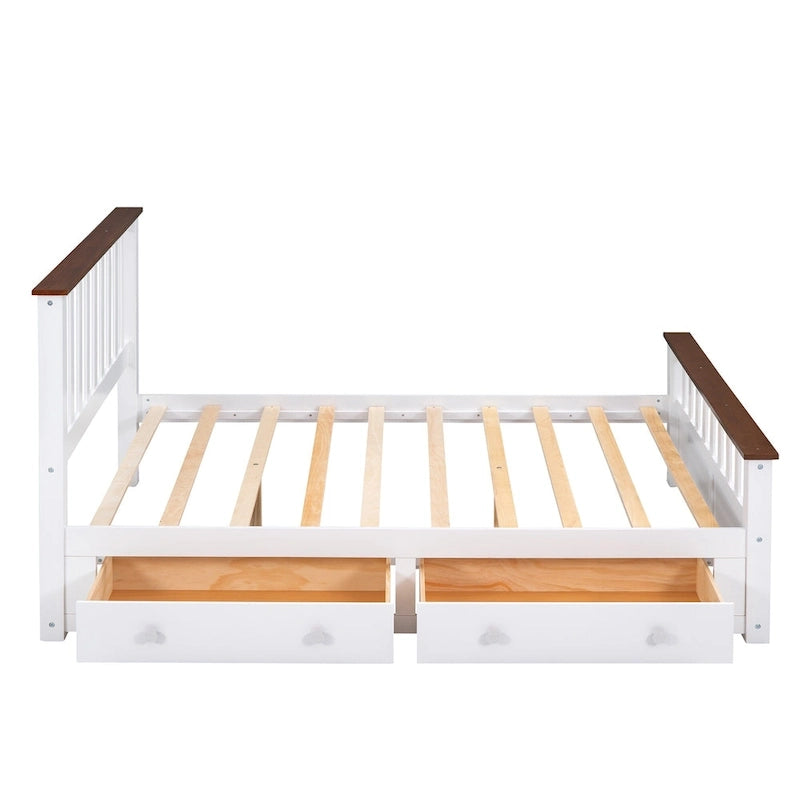 Estructura de cama de plataforma con listones de madera, cabecero y piecero con huecos verticales, cama de perfil bajo, cama con paneles y 2 cajones