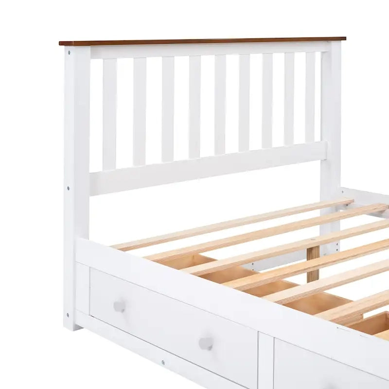 Estructura de cama de plataforma con listones de madera, cabecero y piecero con huecos verticales, cama de perfil bajo, cama con paneles y 2 cajones