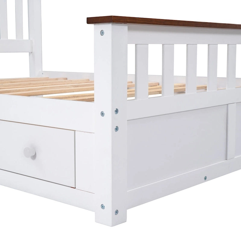 Estructura de cama de plataforma con listones de madera, cabecero y piecero con huecos verticales, cama de perfil bajo, cama con paneles y 2 cajones
