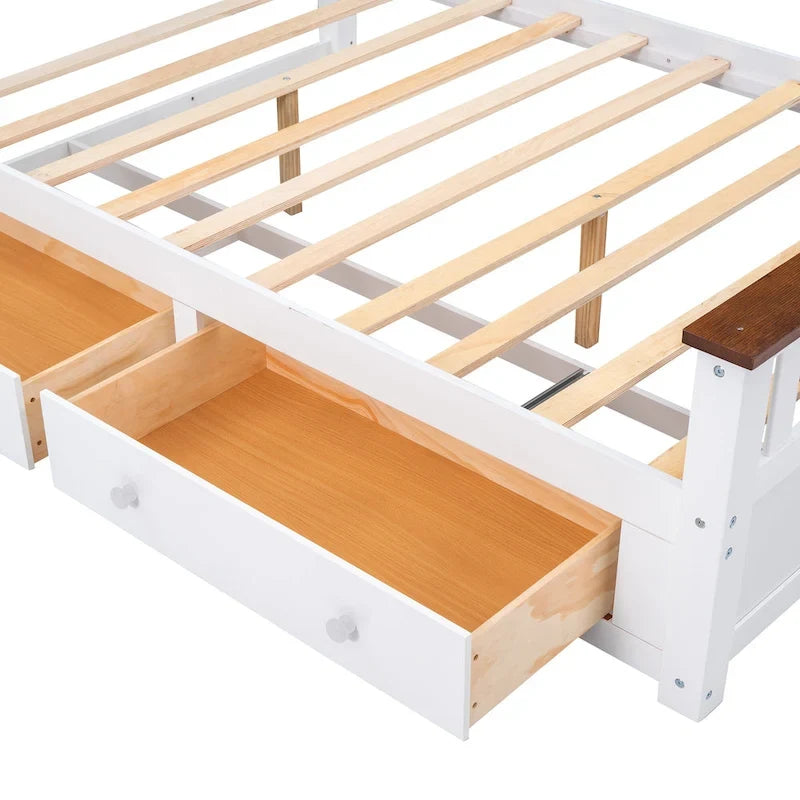 Estructura de cama de plataforma con listones de madera, cabecero y piecero con huecos verticales, cama de perfil bajo, cama con paneles y 2 cajones