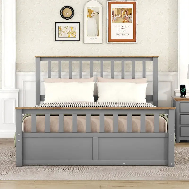 Estructura de cama de plataforma con listones de madera, cabecero y piecero con huecos verticales, cama de perfil bajo, cama con paneles y 2 cajones