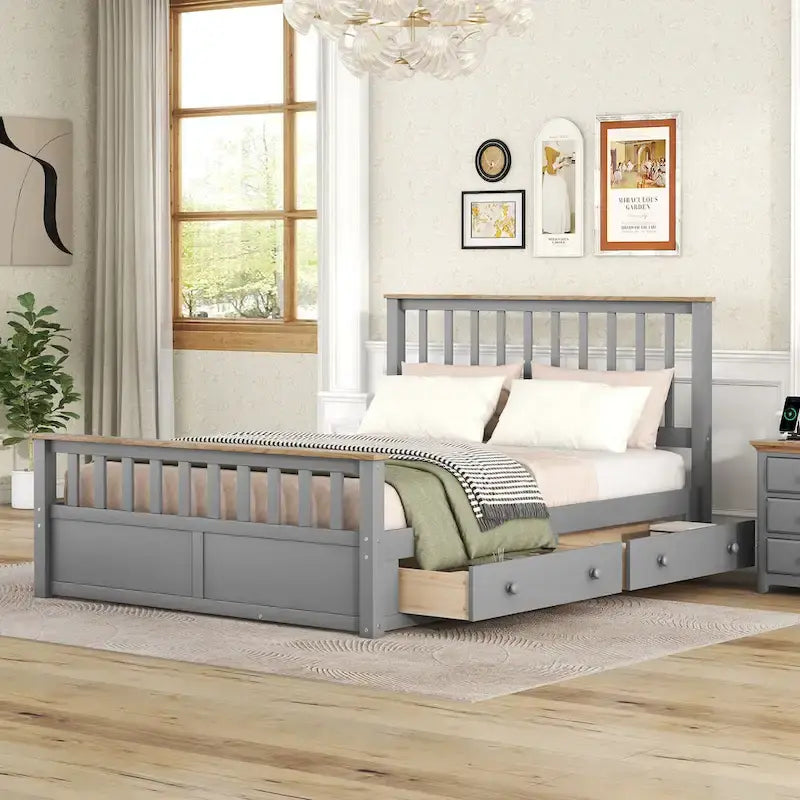 Estructura de cama de plataforma con listones de madera, cabecero y piecero con huecos verticales, cama de perfil bajo, cama con paneles y 2 cajones
