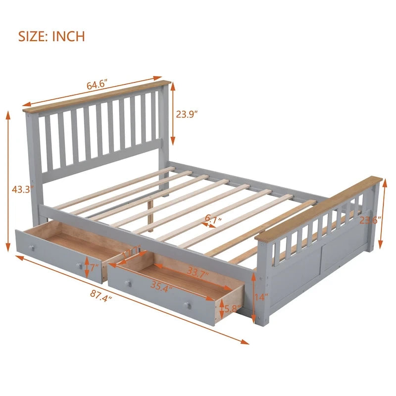 Estructura de cama de plataforma con listones de madera, cabecero y piecero con huecos verticales, cama de perfil bajo, cama con paneles y 2 cajones