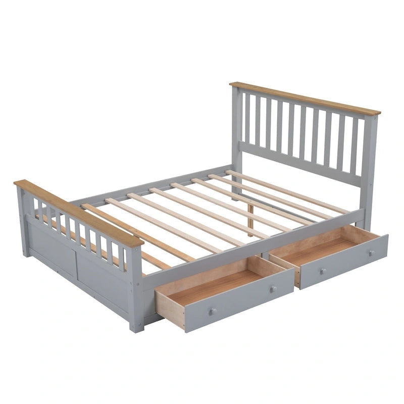Estructura de cama de plataforma con listones de madera, cabecero y piecero con huecos verticales, cama de perfil bajo, cama con paneles y 2 cajones
