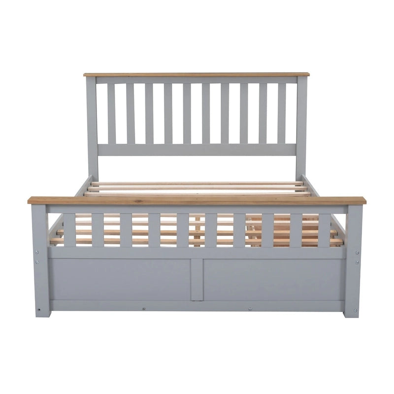 Estructura de cama de plataforma con listones de madera, cabecero y piecero con huecos verticales, cama de perfil bajo, cama con paneles y 2 cajones