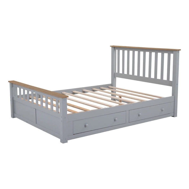 Estructura de cama de plataforma con listones de madera, cabecero y piecero con huecos verticales, cama de perfil bajo, cama con paneles y 2 cajones