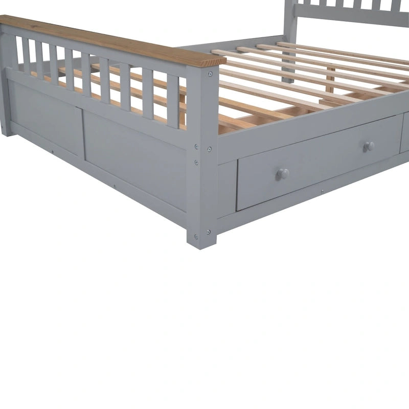 Estructura de cama de plataforma con listones de madera, cabecero y piecero con huecos verticales, cama de perfil bajo, cama con paneles y 2 cajones