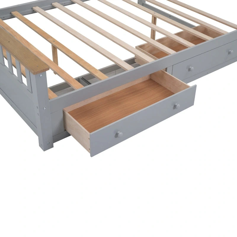 Estructura de cama de plataforma con listones de madera, cabecero y piecero con huecos verticales, cama de perfil bajo, cama con paneles y 2 cajones