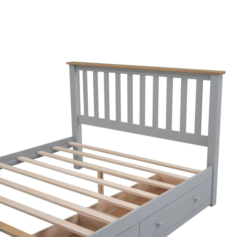 Estructura de cama de plataforma con listones de madera, cabecero y piecero con huecos verticales, cama de perfil bajo, cama con paneles y 2 cajones
