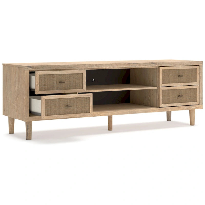 Mueble multimedia grande para TV, 4 cajones, 2 estantes, madera marrón, 72 pulgadas