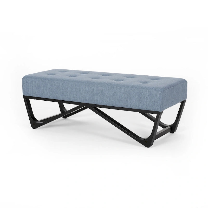 Liba Ottoman Bench, Button Tufted Light Blue Fabric, Black, 47 Inch