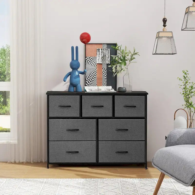 Cómoda independiente de 7 cajones, torre de cajones y mueble de TV con parte superior de madera para armario o dormitorio