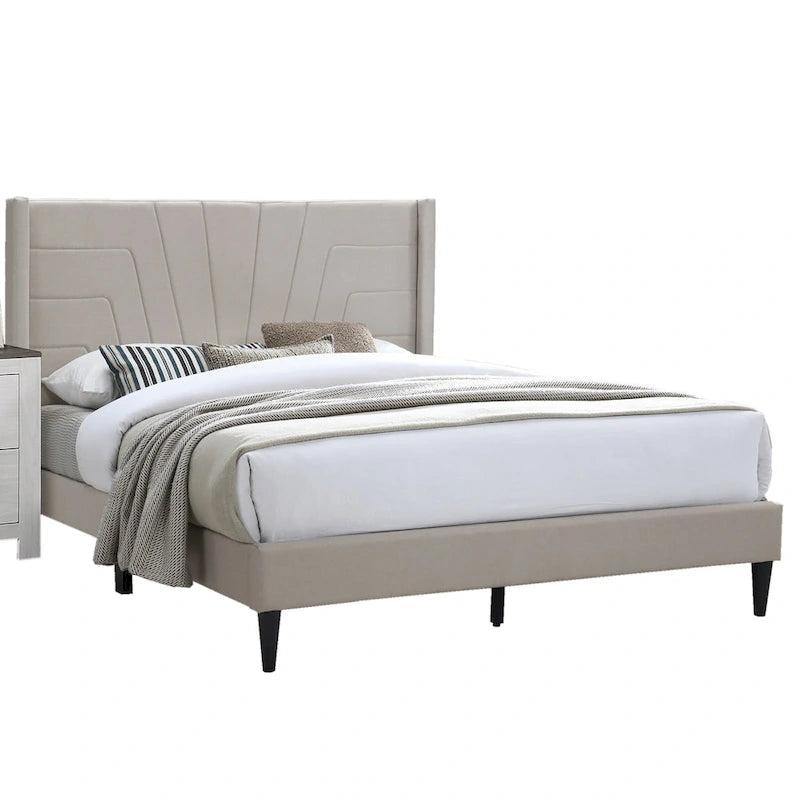 Letto contenitore con testiera imbottita in tessuto di iuta color marrone chiaro, 1 pezzo, arredo per camera da letto