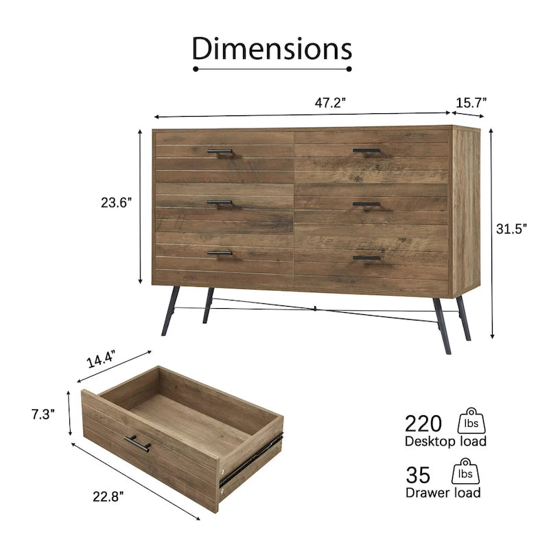 Mueble para TV estilo rústico de 47.24 con 6 cajones profundos de almacenamiento para la sala
