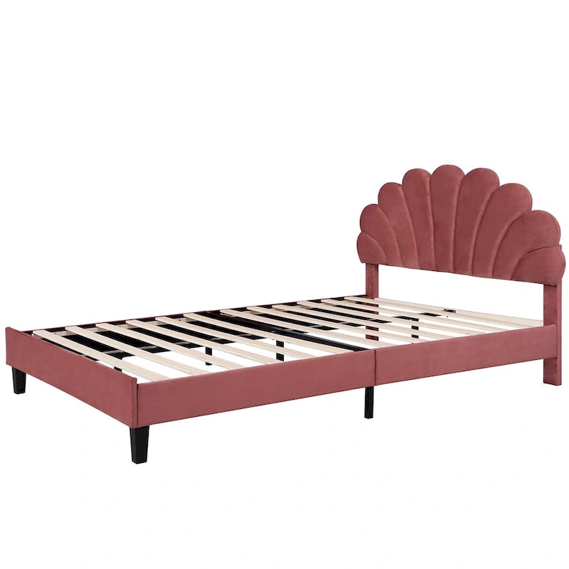 Letto contenitore rosso in velluto con testiera a fiori, senza necessità di rete a doghe