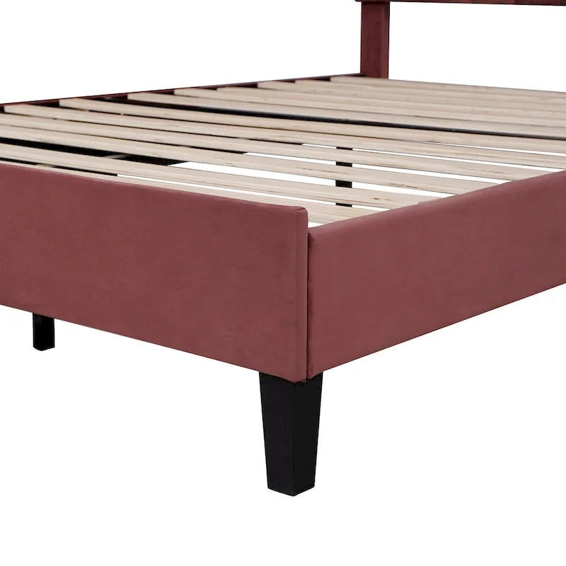 Cama de plataforma tapizada de terciopelo rojo con cabecero de diseño floral, no requiere somier