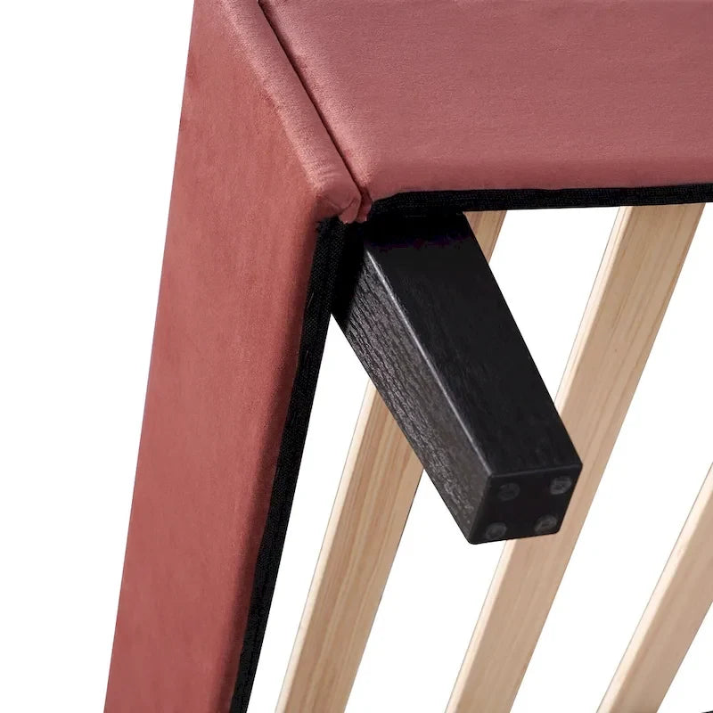 Cama de plataforma tapizada de terciopelo rojo con cabecero de diseño floral, no requiere somier