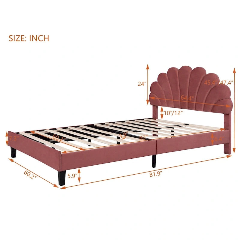 Cama de plataforma tapizada de terciopelo rojo con cabecero de diseño floral, no requiere somier