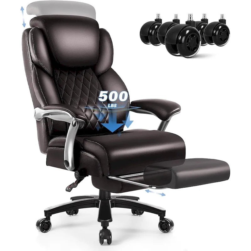Silla de oficina elevable con reposacabezas para personas grandes y altas, capacidad de 500 lb - Cuero resistente con reposapiés retráctil y soporte lumbar