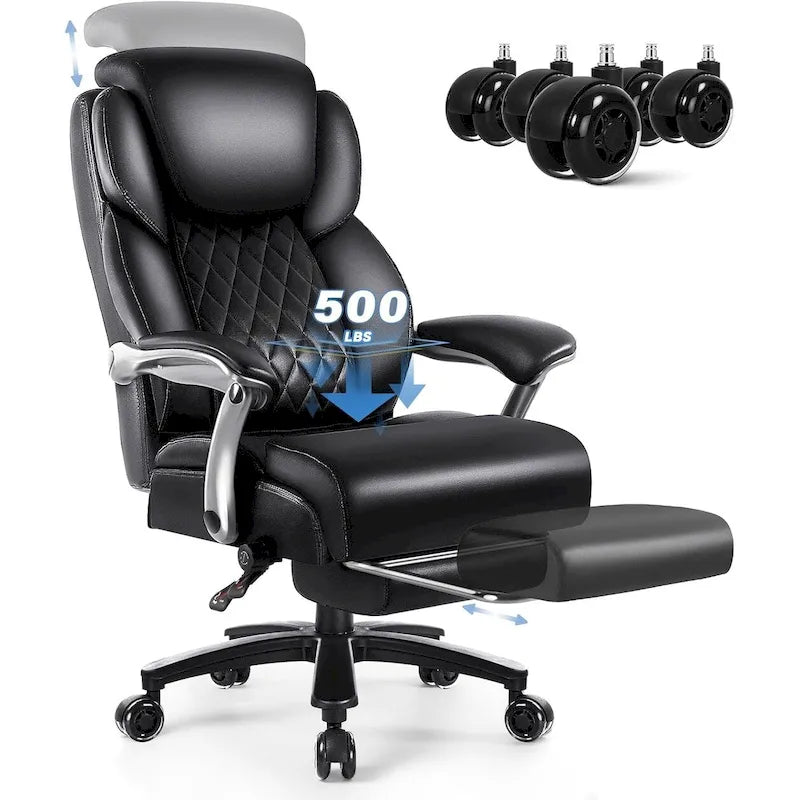 Silla de oficina elevable con reposacabezas para personas grandes y altas, capacidad de 500 lb - Cuero resistente con reposapiés retráctil y soporte lumbar