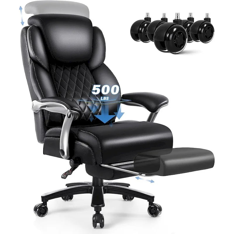 BOSSIN Lift-Headrest Big and Tall Office Chair 500lb - Heavy-Duty Leather with Retractable Footrest & Lumbar Support