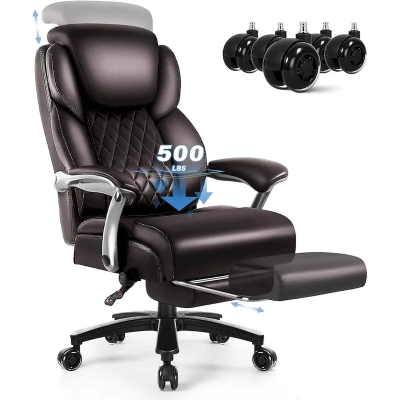 Silla de oficina elevable con reposacabezas para personas grandes y altas, capacidad de 500 lb - Cuero resistente con reposapiés retráctil y soporte lumbar