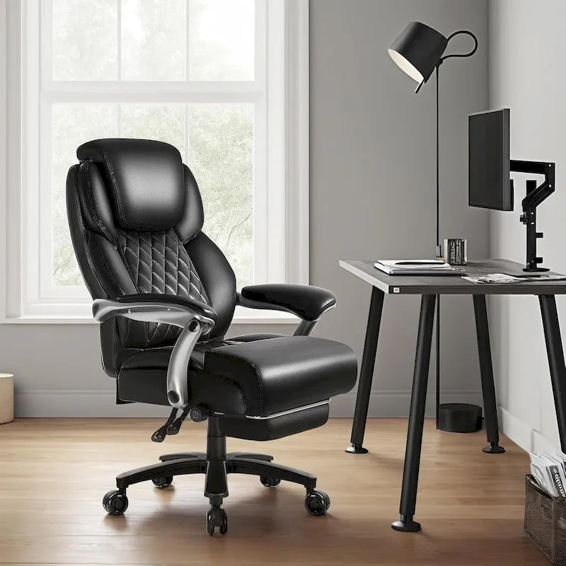 Silla de oficina elevable con reposacabezas para personas grandes y altas, capacidad de 500 lb - Cuero resistente con reposapiés retráctil y soporte lumbar