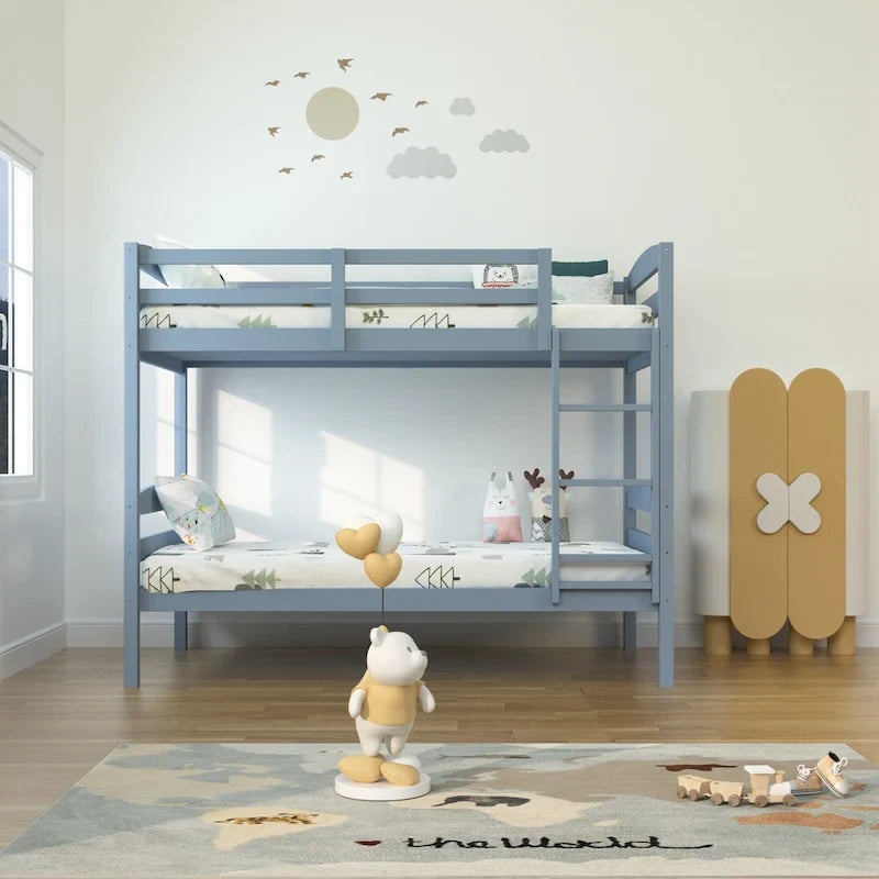 Letto a castello moderno grigio in legno massello, doppio singolo, con scala