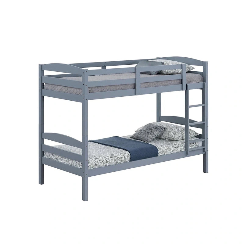 Letto a castello moderno grigio in legno massello, doppio singolo, con scala