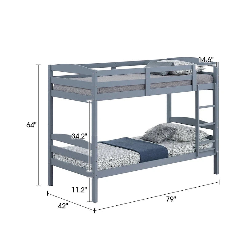 Letto a castello moderno grigio in legno massello, doppio singolo, con scala