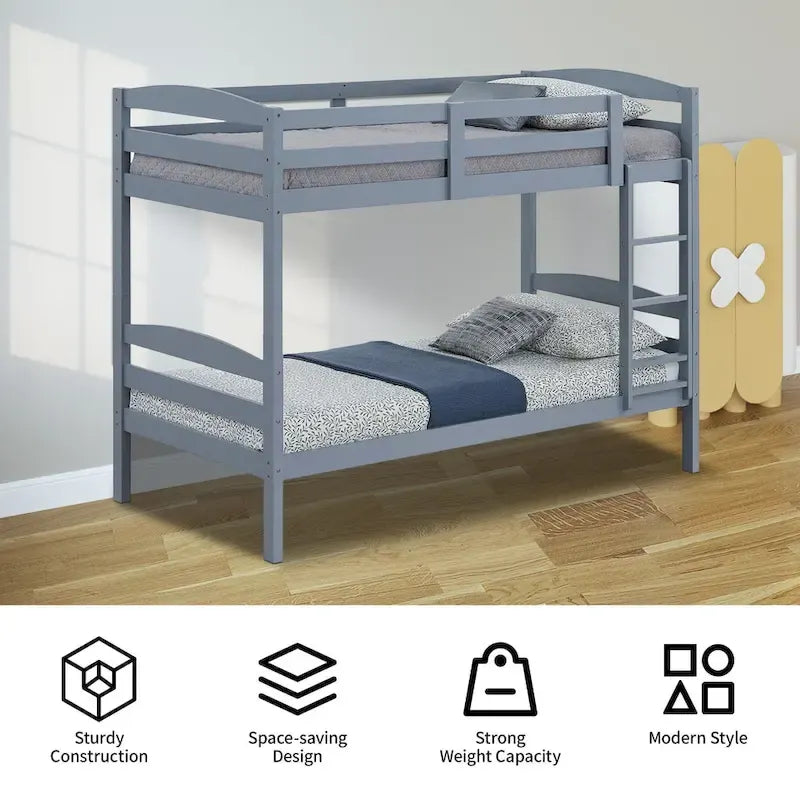 Letto a castello moderno grigio in legno massello, doppio singolo, con scala