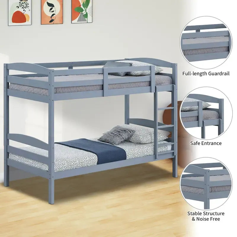 Letto a castello moderno grigio in legno massello, doppio singolo, con scala