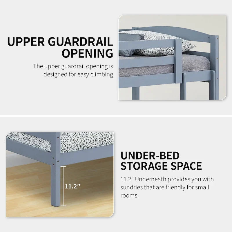 Letto a castello moderno grigio in legno massello, doppio singolo, con scala