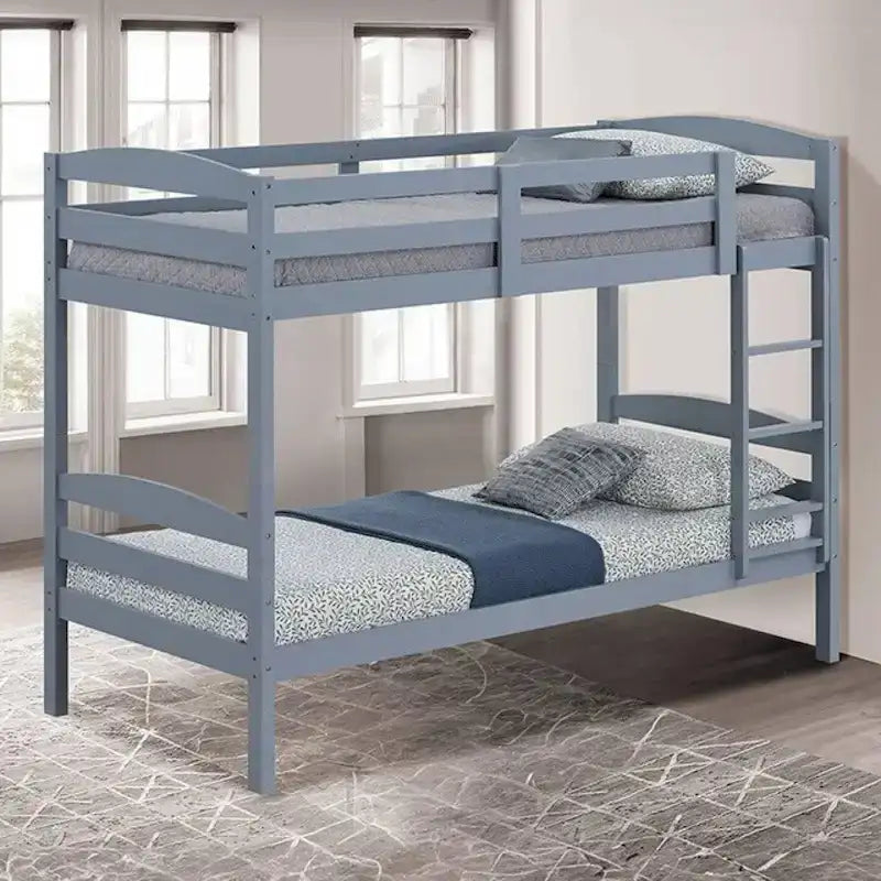 Letto a castello moderno grigio in legno massello, doppio singolo, con scala