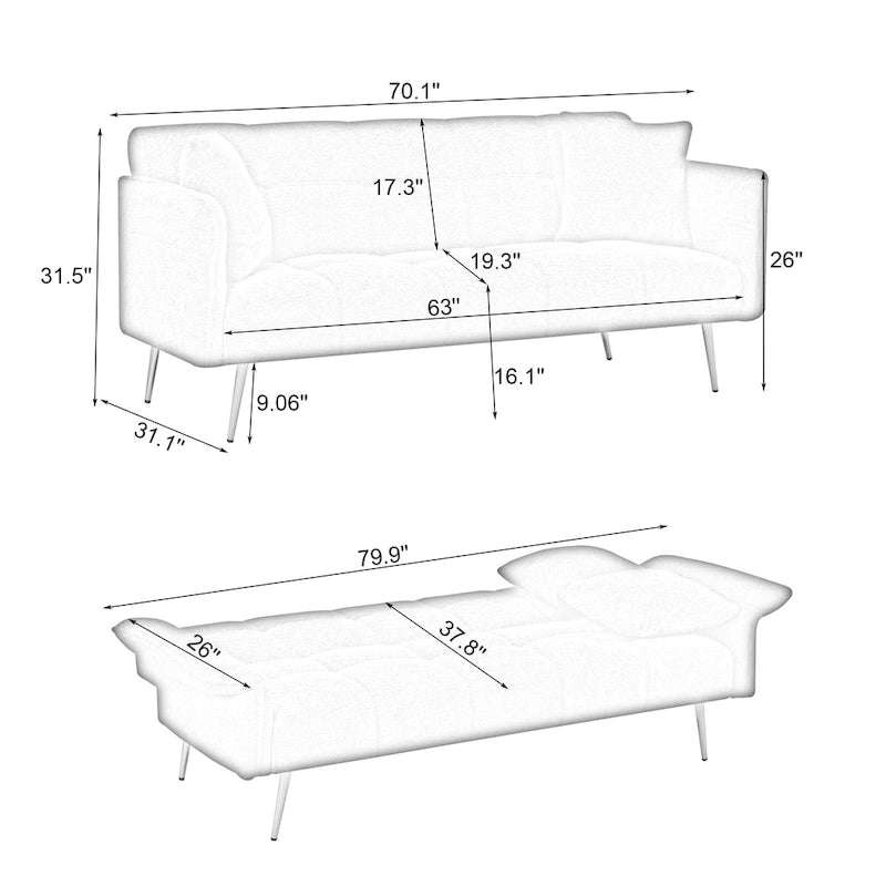 Sofá cama doble convertible con reposabrazos plegables - 31.10 x 70.00 x 31.49