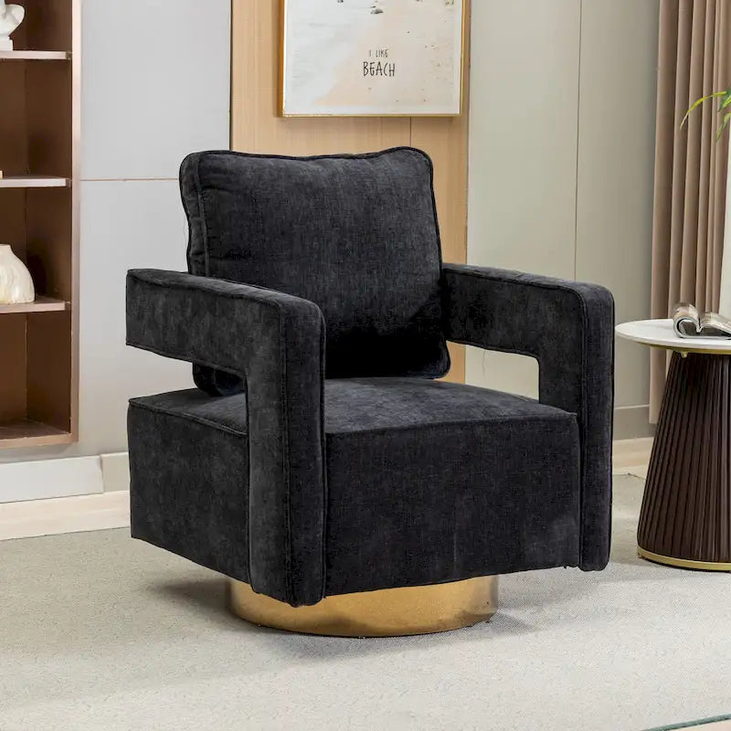 Sillón moderno tapizado giratorio, con respaldo abierto tipo barril y cojín