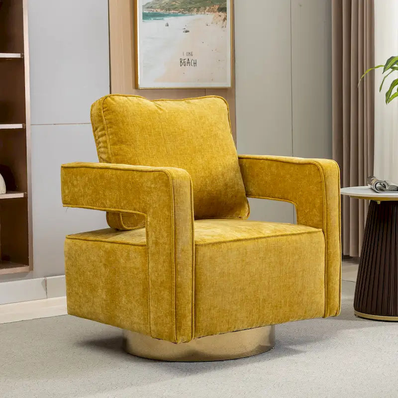 Sillón moderno tapizado giratorio, con respaldo abierto tipo barril y cojín