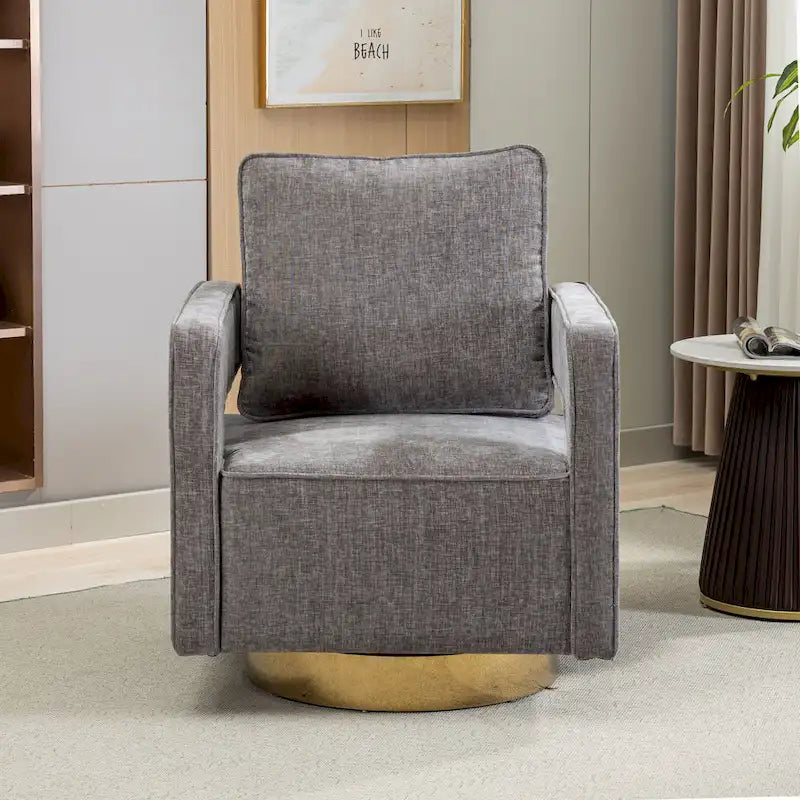 Sillón moderno tapizado giratorio, con respaldo abierto tipo barril y cojín