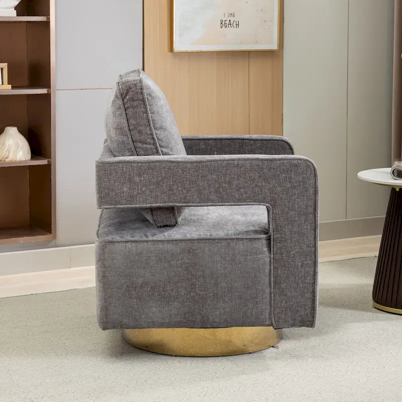 Sillón moderno tapizado giratorio, con respaldo abierto tipo barril y cojín