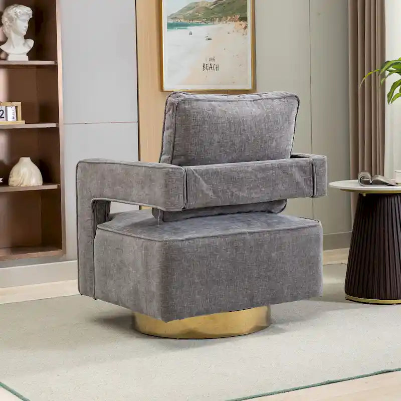 Sillón moderno tapizado giratorio, con respaldo abierto tipo barril y cojín
