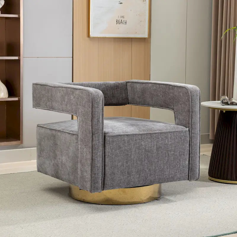 Sillón moderno tapizado giratorio, con respaldo abierto tipo barril y cojín